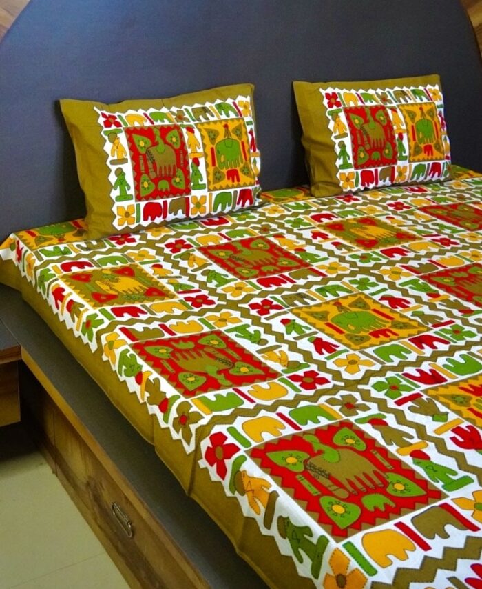 Vibrant Rajasthani Elephant Print Jaipuri Super King Size Bedsheet – Mustard Green Multicolor