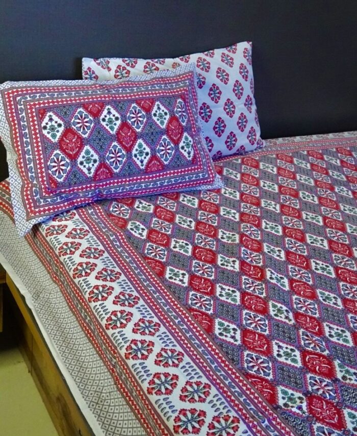 Jaipuri Super King Size Bedsheet in Red & Indigo Geometric Block Print