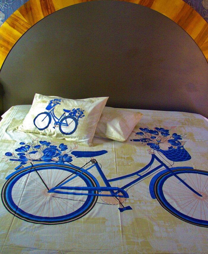 Super King Size Jaipuri Bedsheet with Blue Bicycle Floral Print
