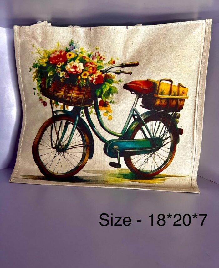 Floral Bicycle Rajasthani Jute Tote Bag – Handcrafted Vintage Charm