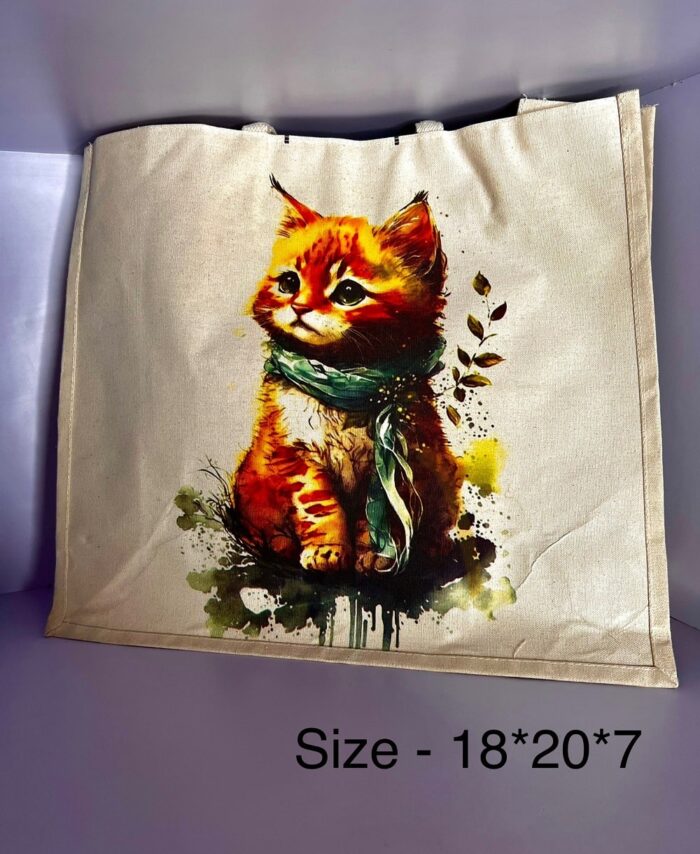 Whiskered Charm Rajasthani Cat Art Jute Tote Bag – Playful Kitty in Scarf