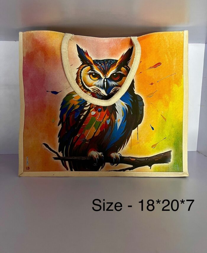 Vibrant Owl Rajasthani Art Jute Tote Bag – Majestic & Colorful
