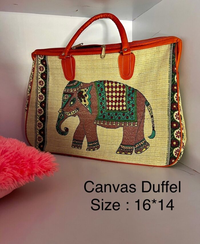 Rajasthani Elephant Print Tote & Duffle Bag – Ethnic Beige Travel Companion