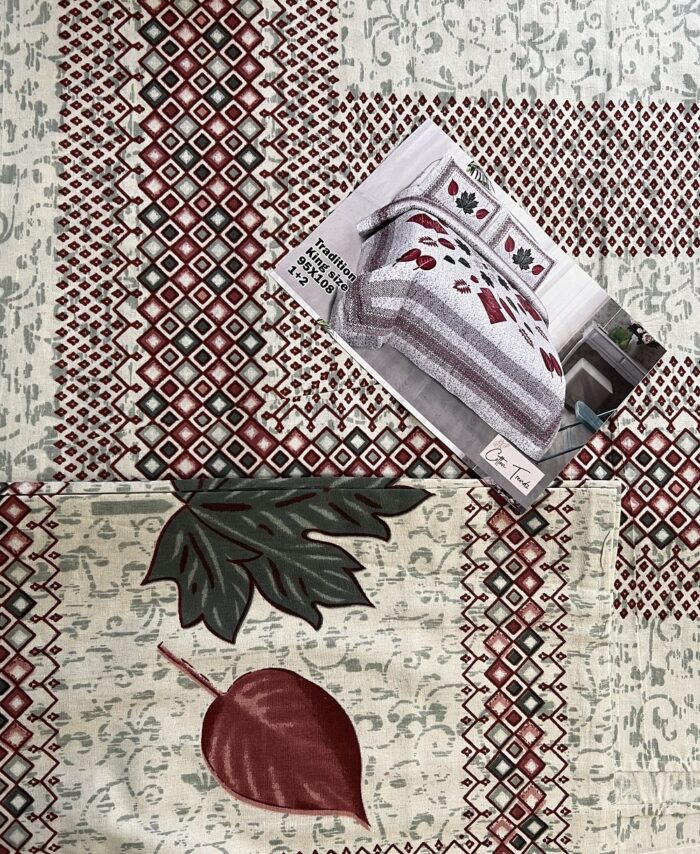 Modern Leaf Print Jaipuri King Size Bedsheet in Maroon & Grey Tones– Soft Cotton Comfort