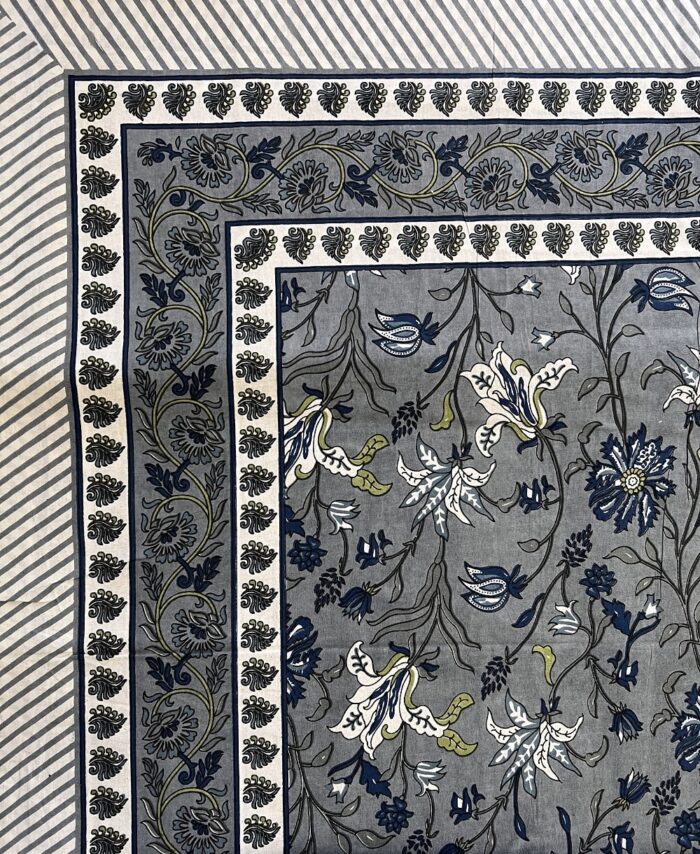 Graceful Floral Print Jaipuri King Size Bedsheet– Grey Base with Blue & White Accents