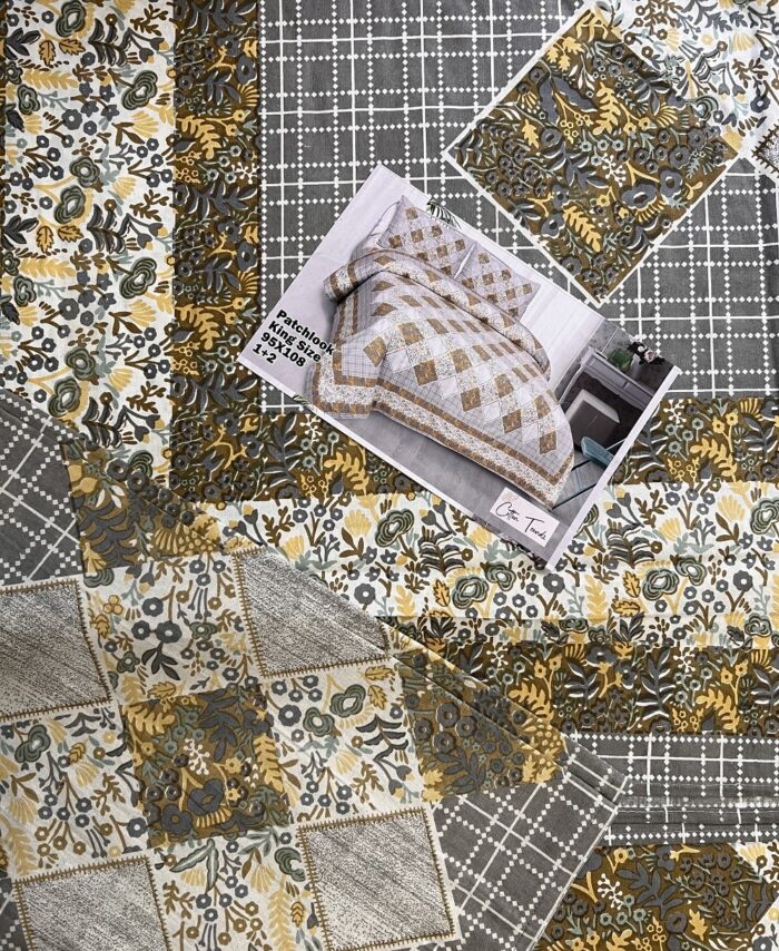 Jaipuri King Size Bedsheet– Mustard Yellow & Grey Floral Patchwork Design